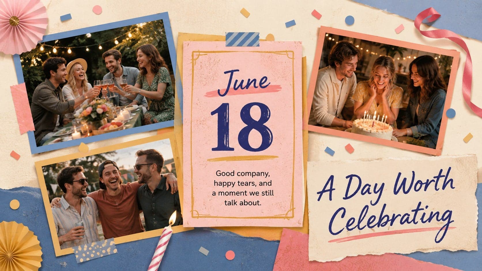 Anniversary memories presentation page with celebration photos, a central date, and colorful paper decorations.