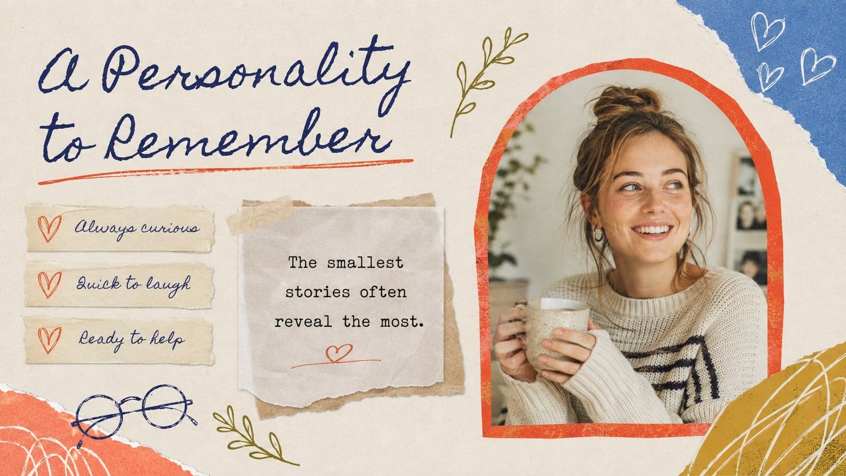 Retro memory book presentation layout pairing a candid portrait with favorite traits and a personal anecdote.