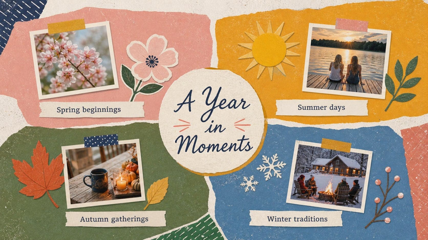 Paper collage photo story template showing seasonal memories in four distinct image panels.