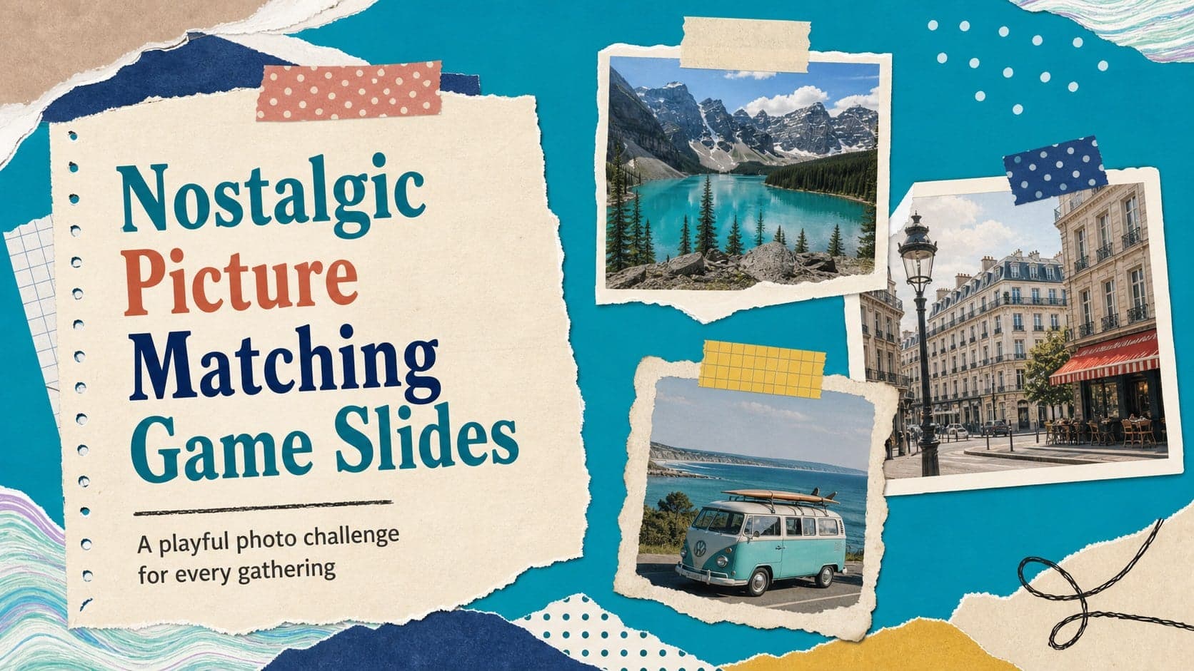 Cover slide for nostalgic picture matching game slides with a colorful teal and blue scrapbook collage.
