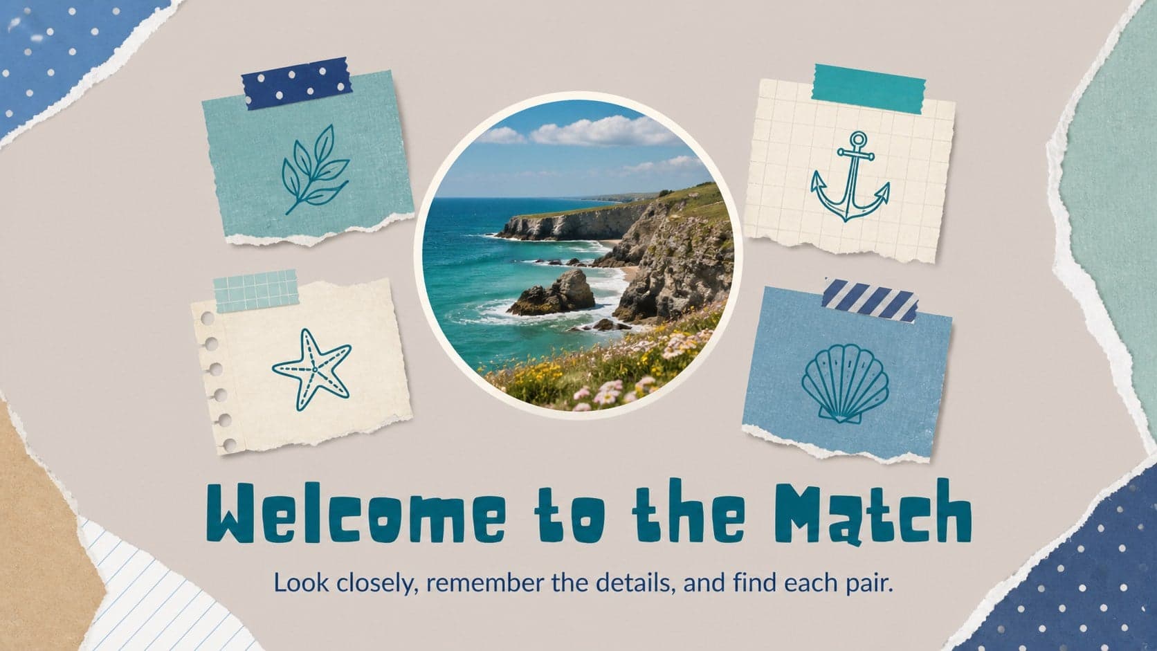 Welcome slide introducing a nostalgic picture matching game with scrapbook paper layers and photo clues.