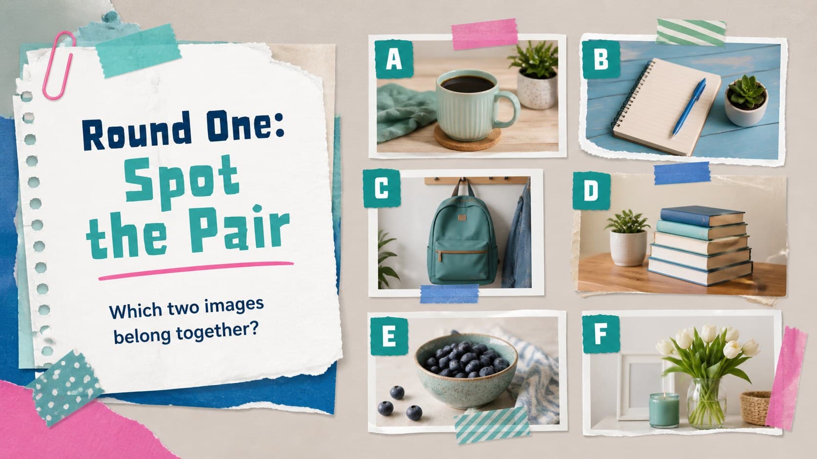Picture quiz slide with a bold image grid and colorful paper labels for visual clues.
