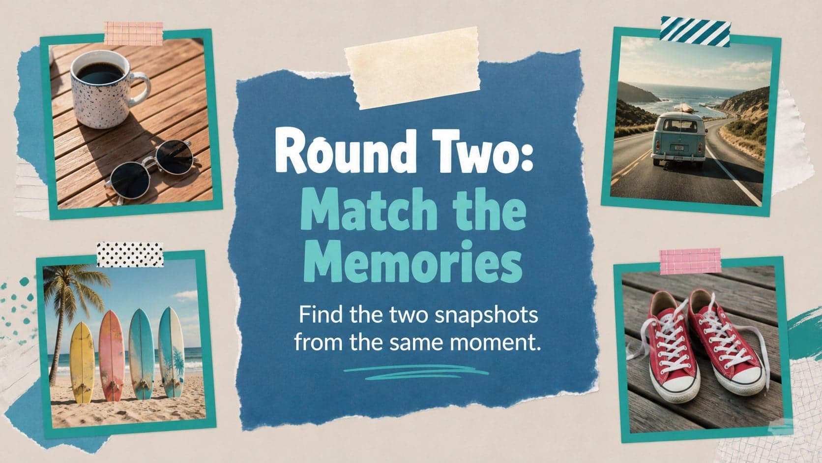 Photo clue board slide with six colorful scrapbook frames arranged around a central prompt.