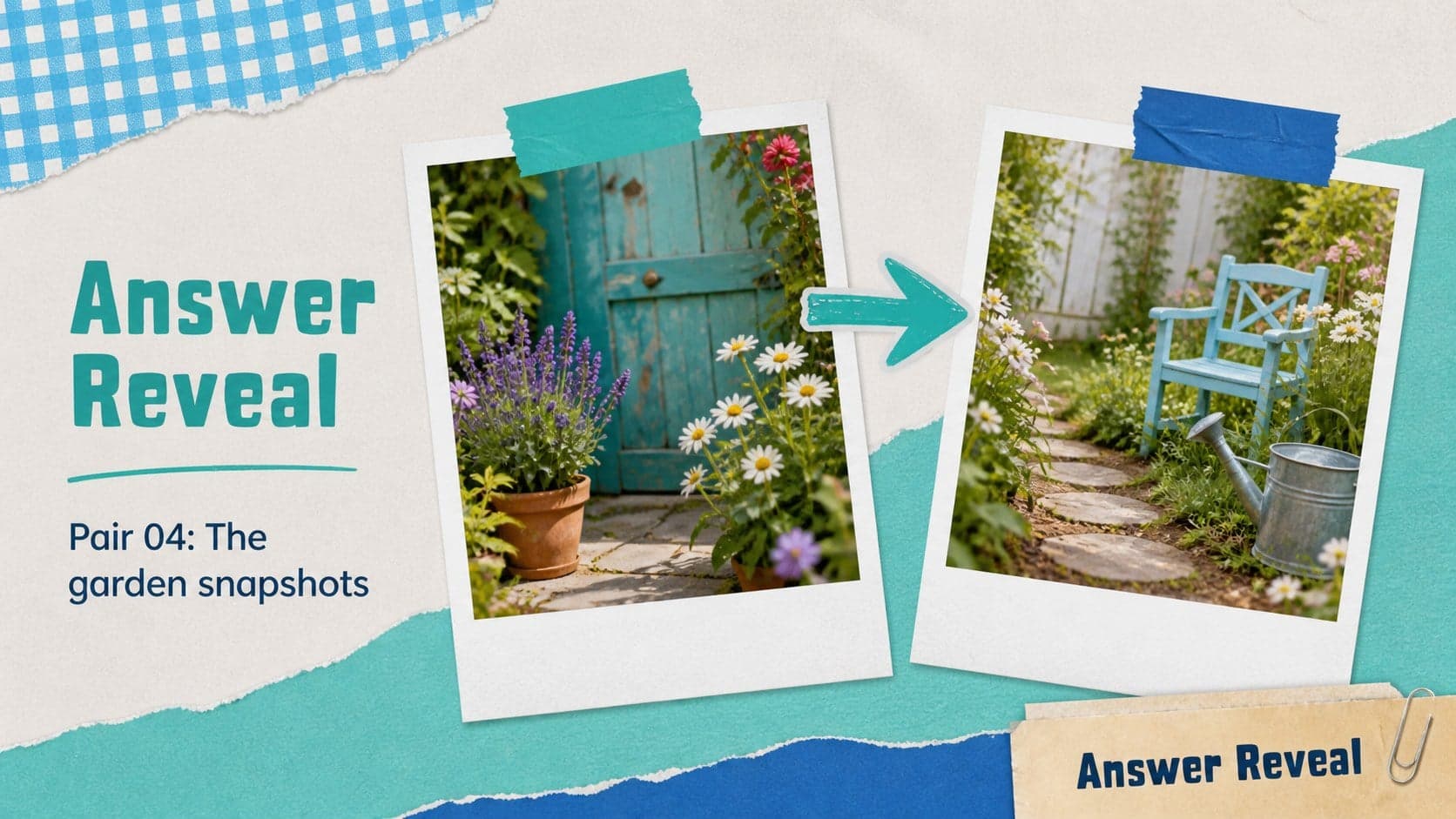 Image reveal slide presenting a matched pair with a playful teal scrapbook caption.