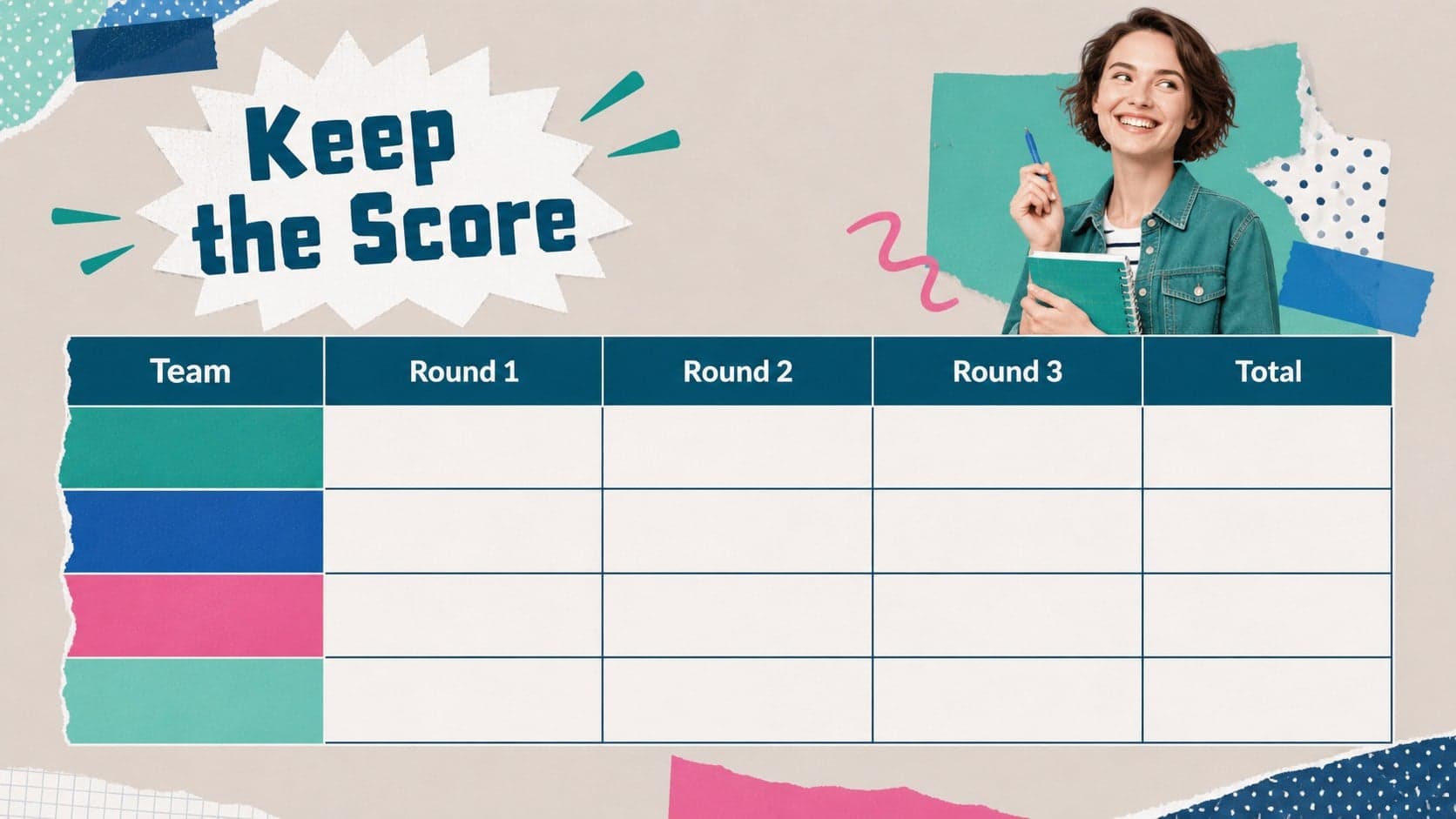 Scoreboard slide for a picture matching game with colorful tally marks and scrapbook decorations.