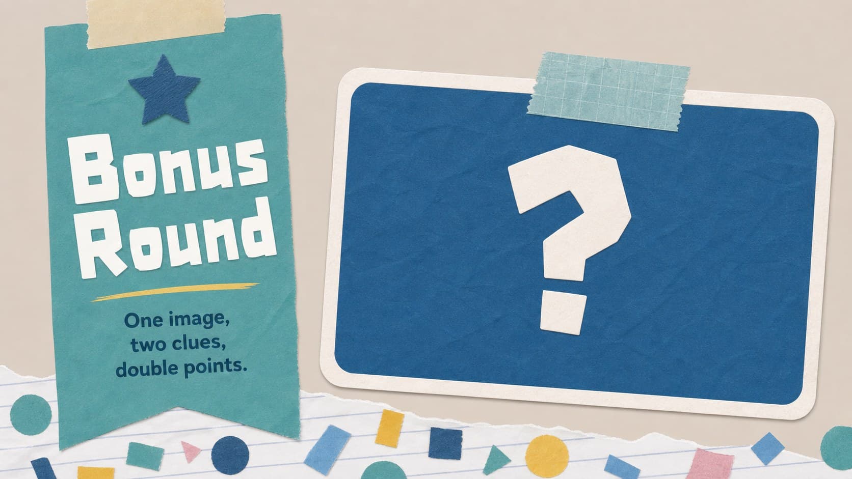 Bonus round slide featuring a large mystery photo card and colorful collage accents.
