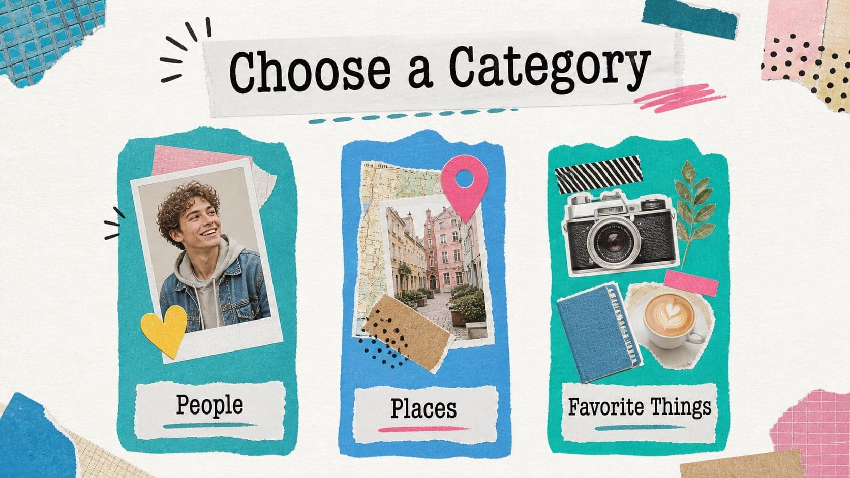 Category slide organizing picture matching rounds with scrapbook labels for people, places, and objects.