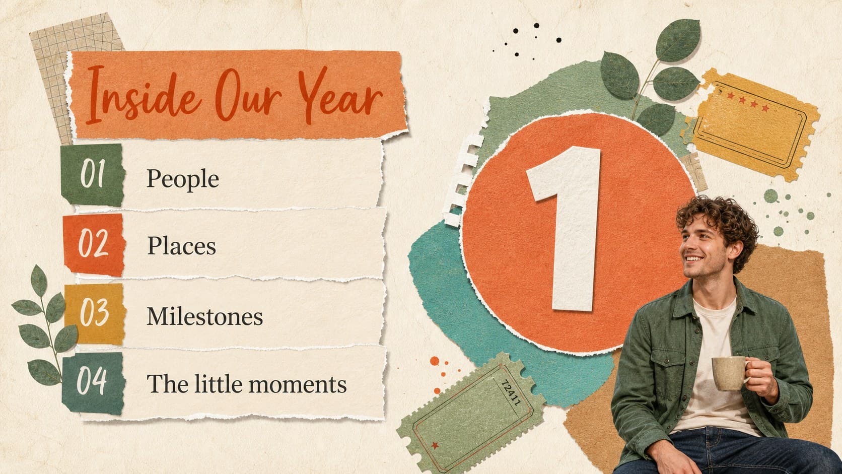 Yearbook opening slide with a scrapbook contents layout for nostalgic student memories.