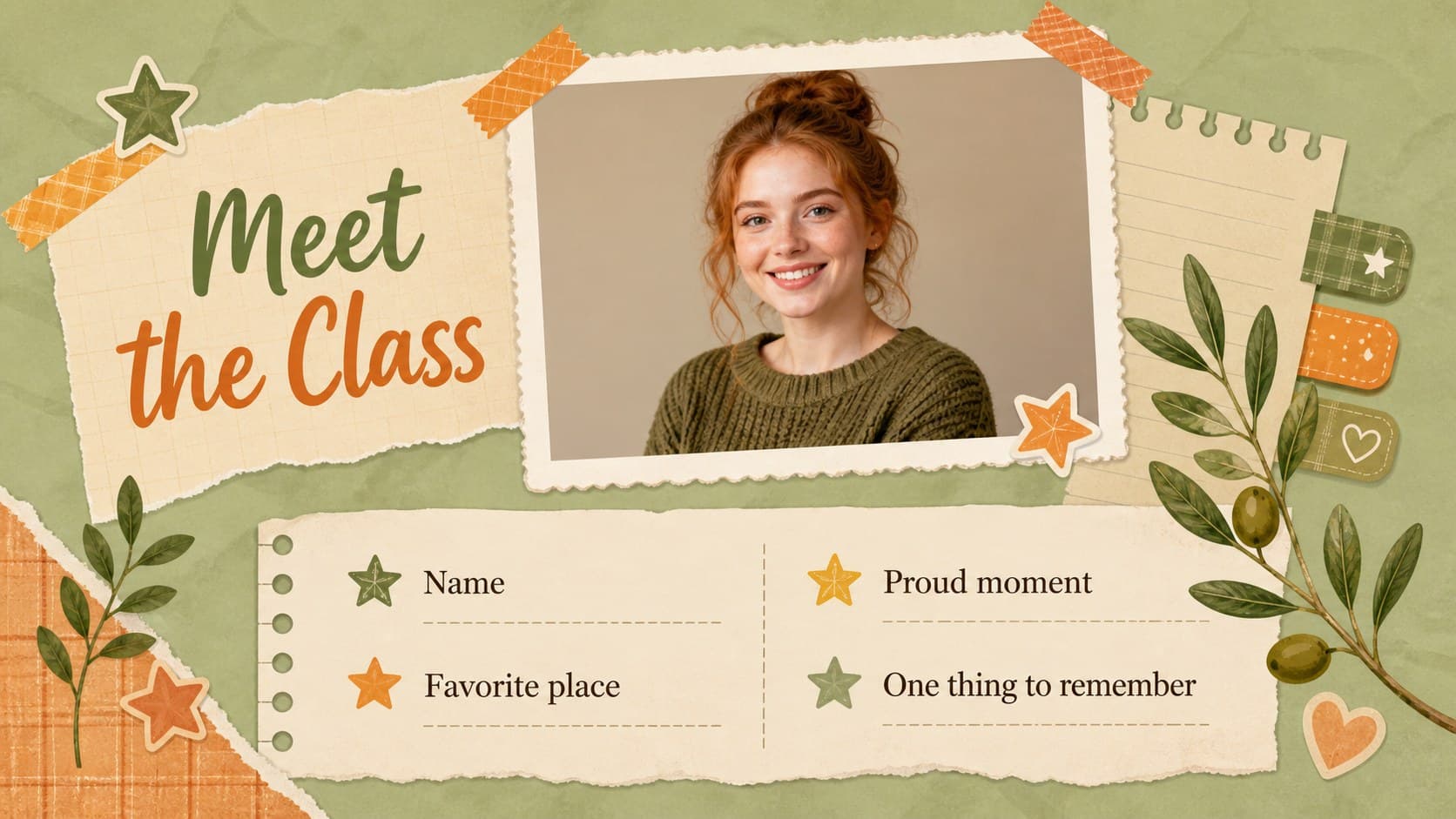 Student spotlight page showing a portrait frame and handwritten-style biographical details.
