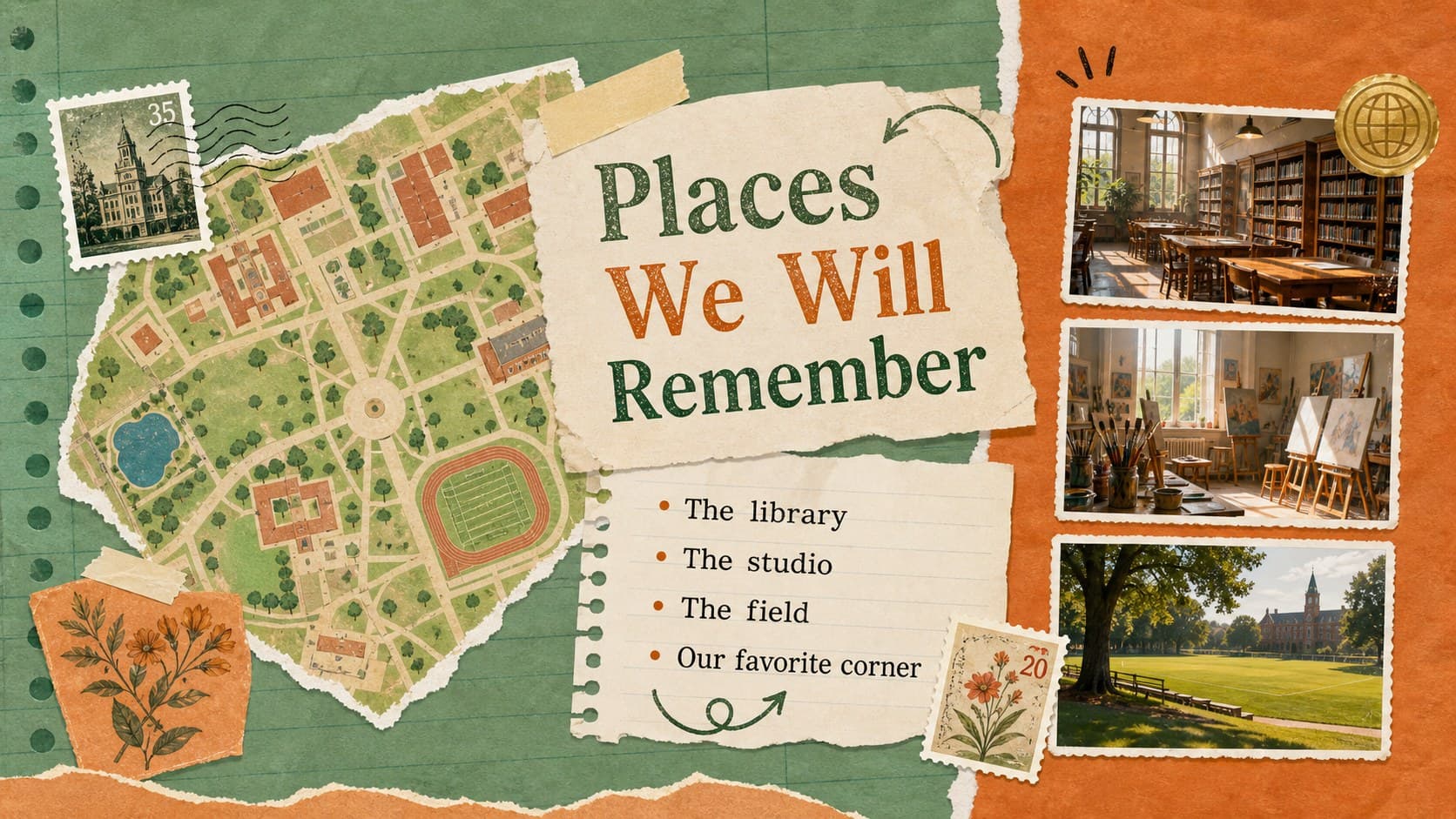 Campus life slide featuring photo placeholders and scrapbook labels for favorite school places.