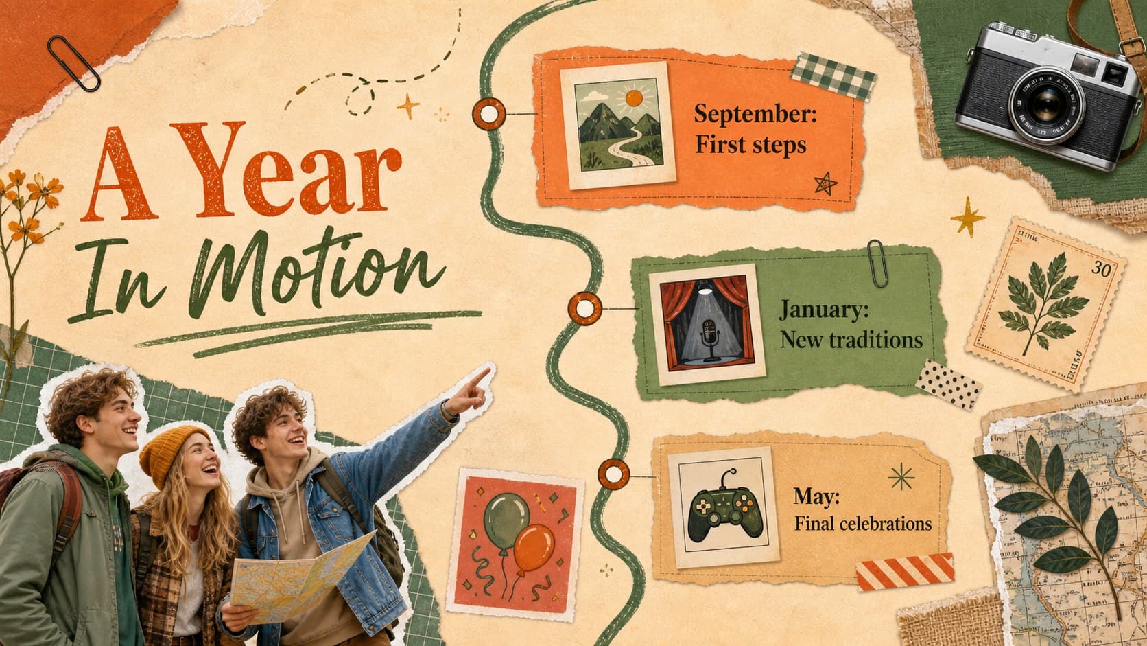 School events timeline slide showing annual milestones in a handmade collage layout.
