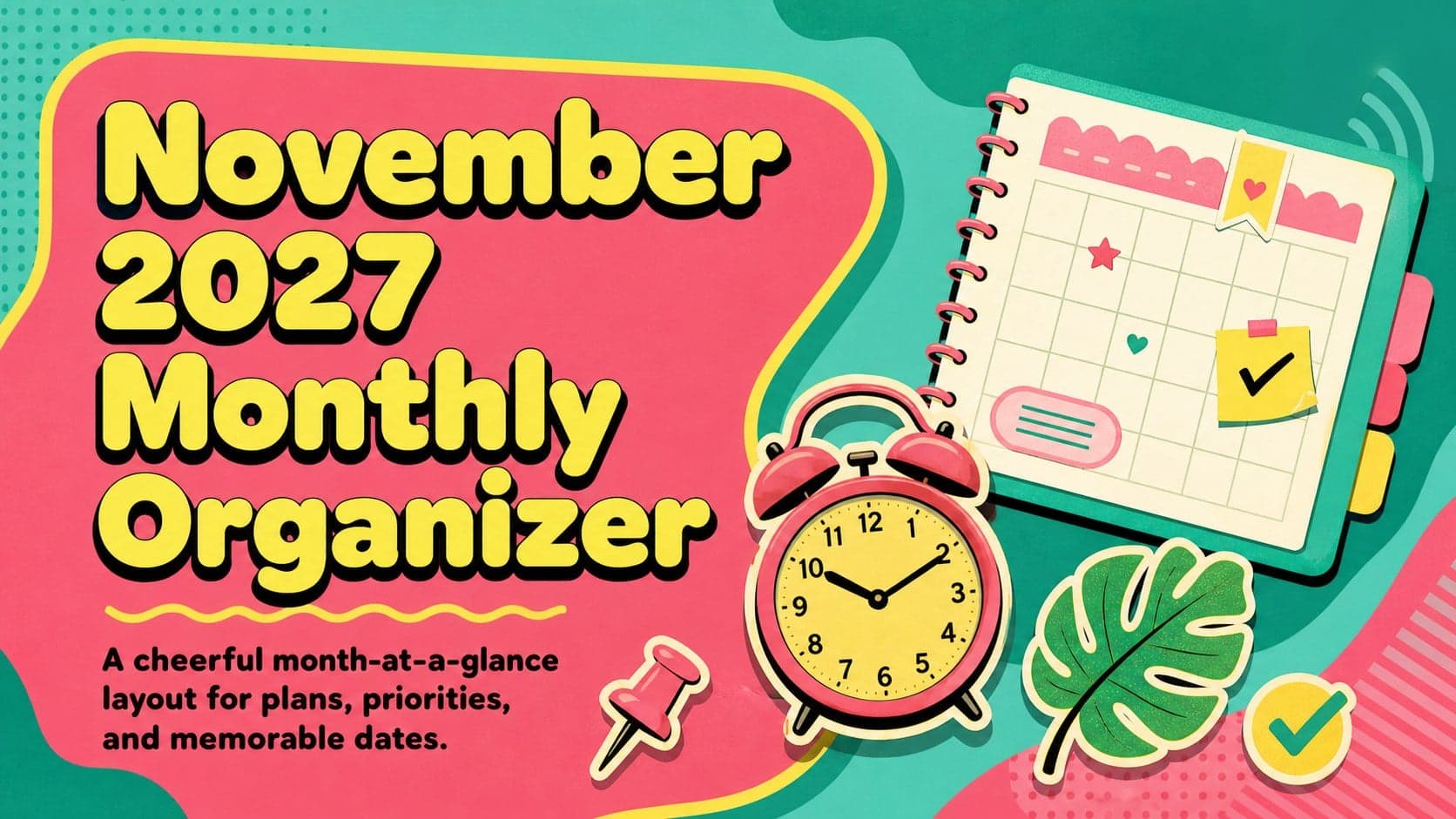 Colorful November 2027 monthly organizer cover with retro lettering and playful planning graphics.