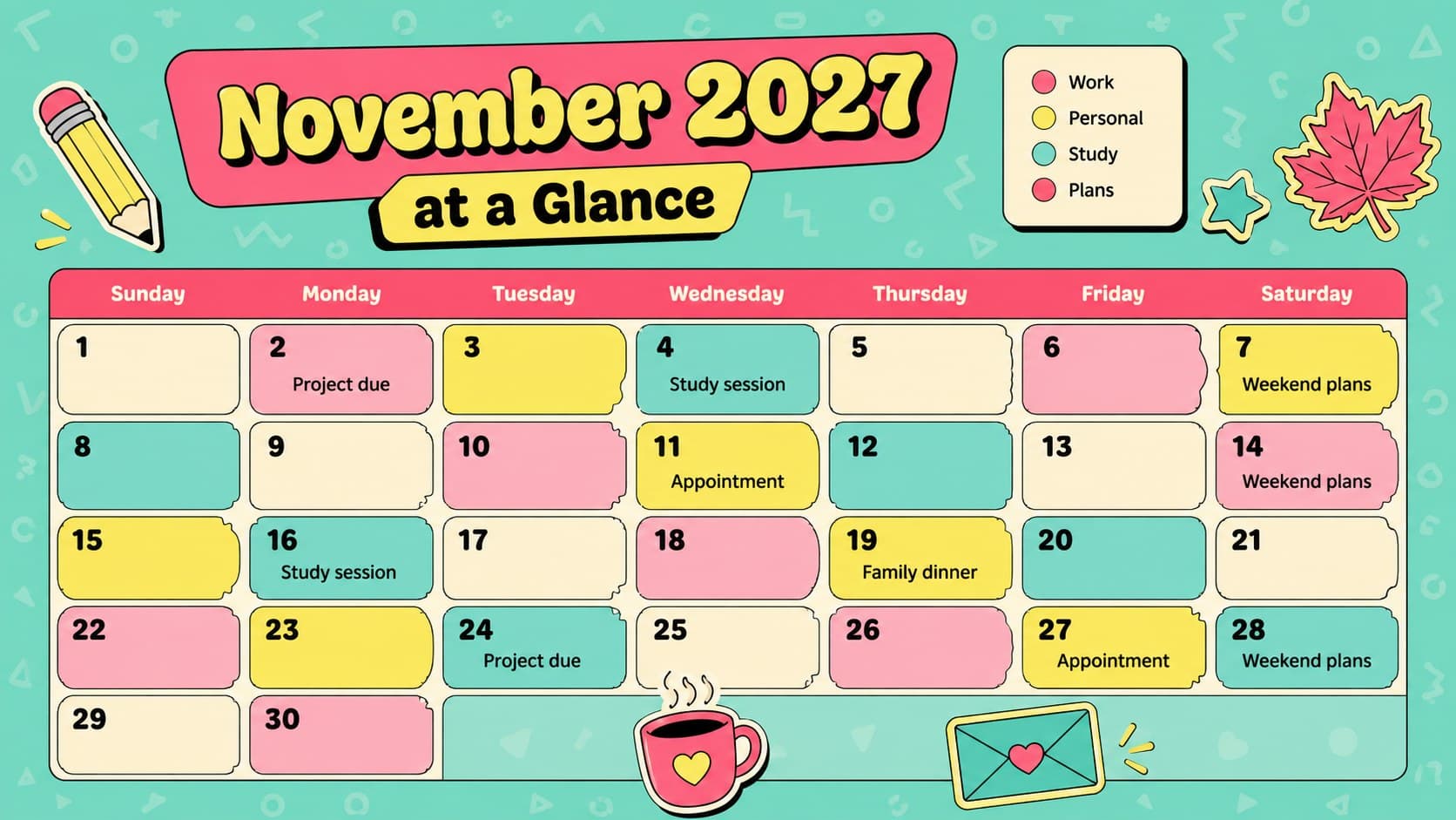 Editable November 2027 calendar slide with colorful date blocks for appointments, deadlines, and celebrations.