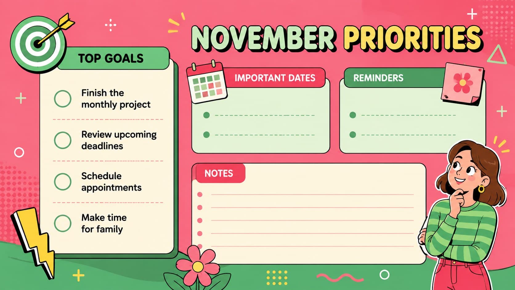 November planning priorities slide with sections for goals, reminders, important dates, and notes.