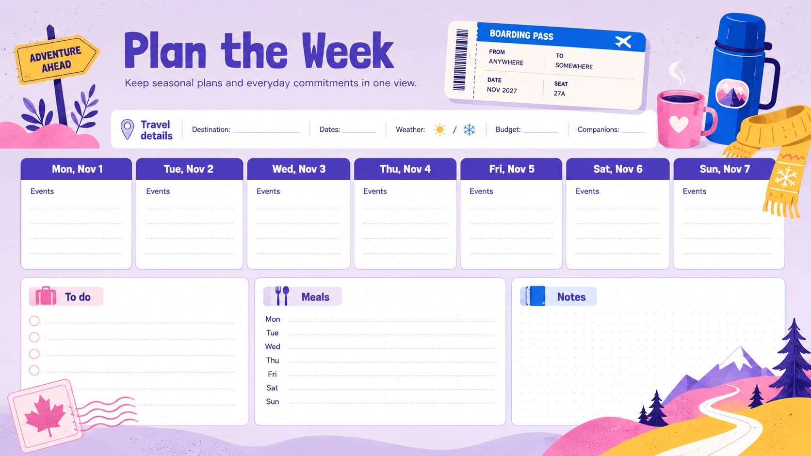 Colorful November weekly planning slide with sections for events, travel details, tasks, and notes.