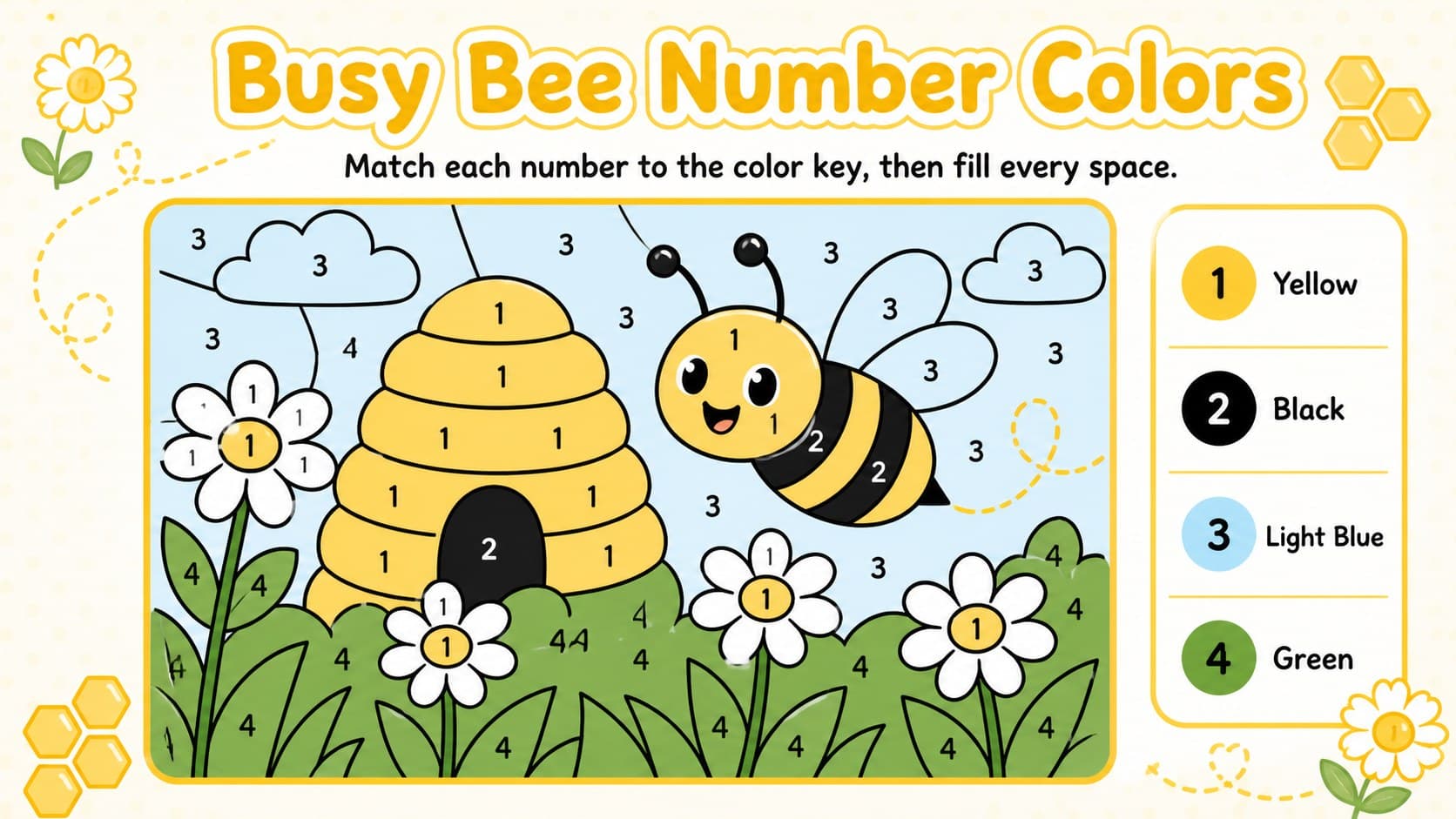 A bee-themed number coloring activity sheet with a yellow color key for early learners.