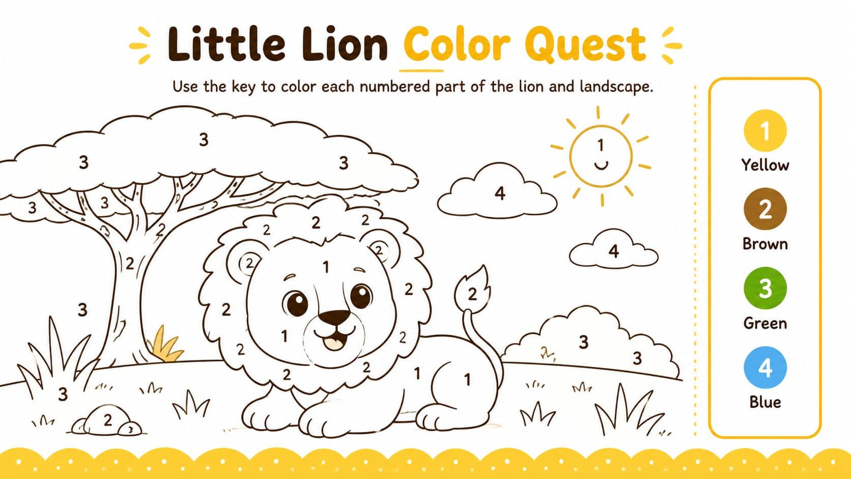 Friendly lion color-by-number math activity for preschool and kindergarten practice.