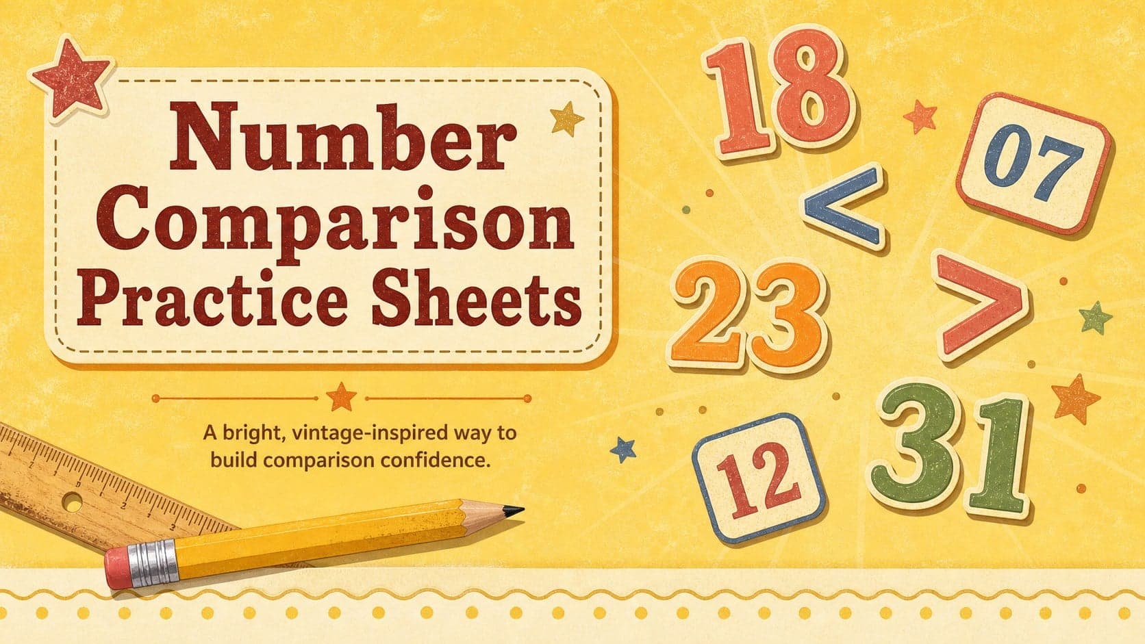 Yellow vintage cover for Number Comparison Practice Sheets with playful numerals and comparison symbols.