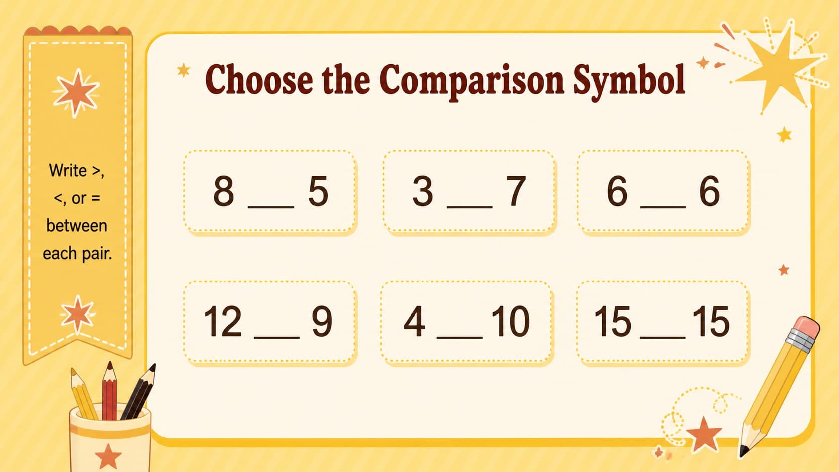 Editable number comparison activity with greater than, less than, and equal symbol exercises on a yellow vintage slide.