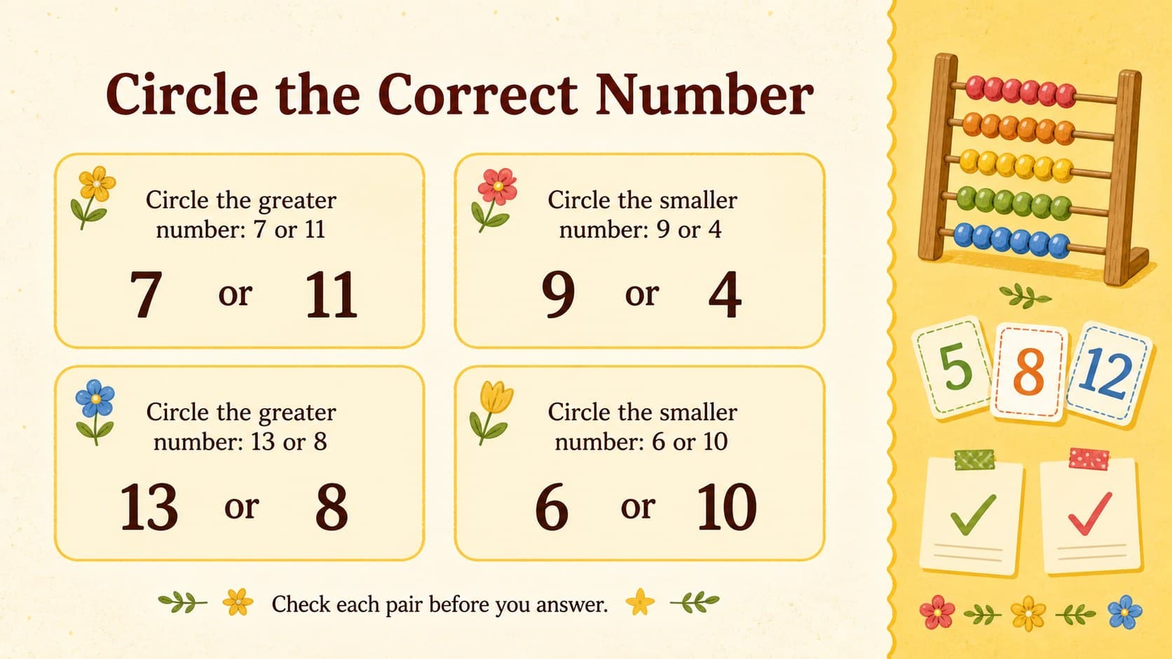 Number comparison practice sheet asking students to identify greater and smaller values in a vintage yellow layout.