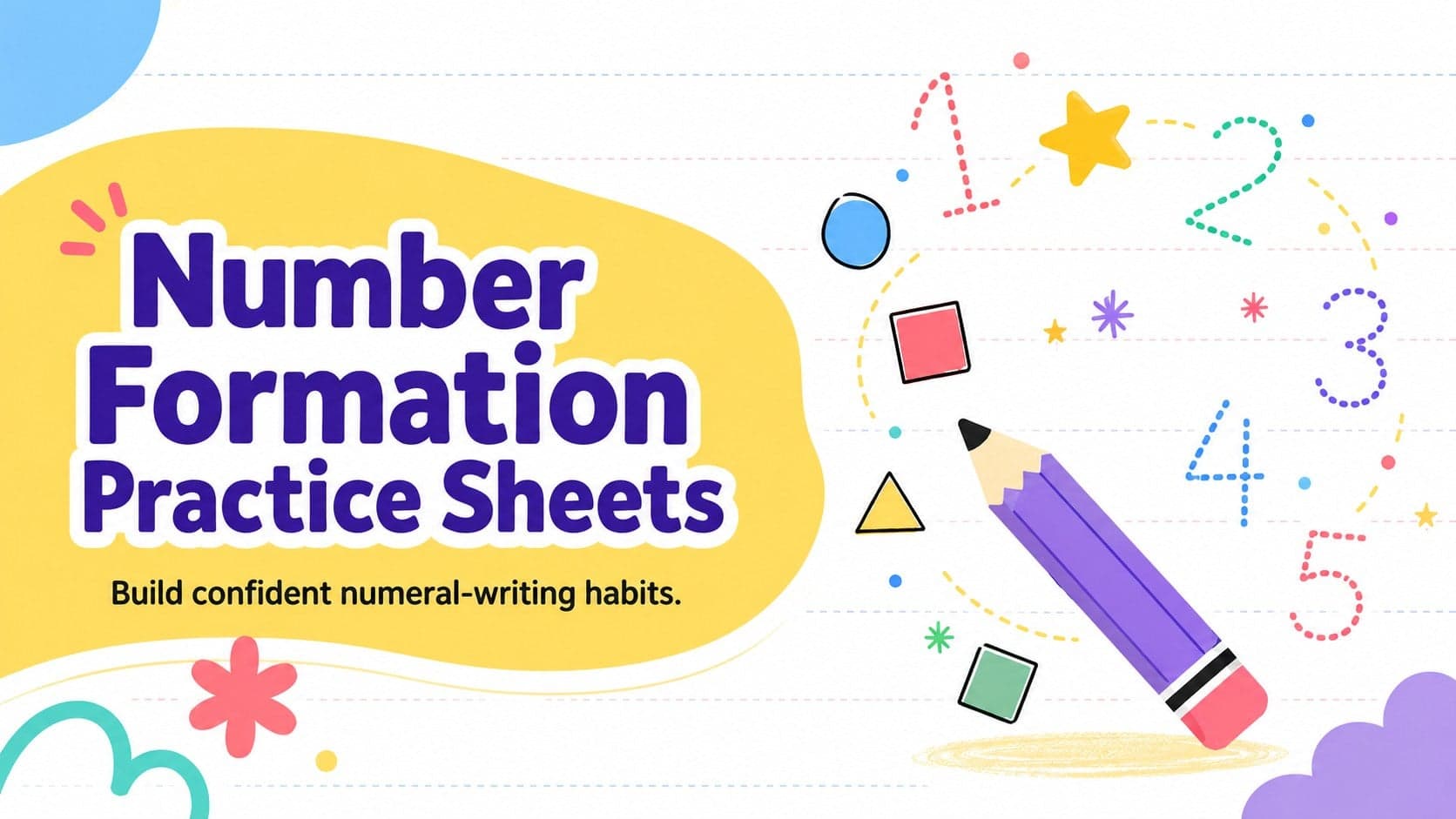 Bright yellow and white cover for Number Formation Practice Sheets with playful numeral and pencil illustrations.
