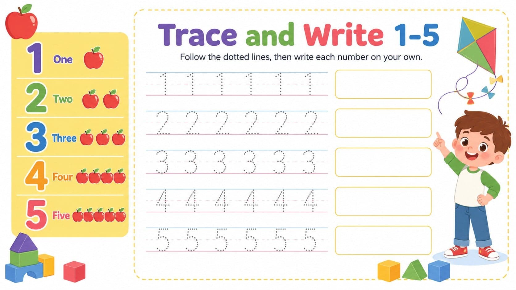 Illustrated number formation worksheet showing guided tracing and writing practice for numerals one through five.