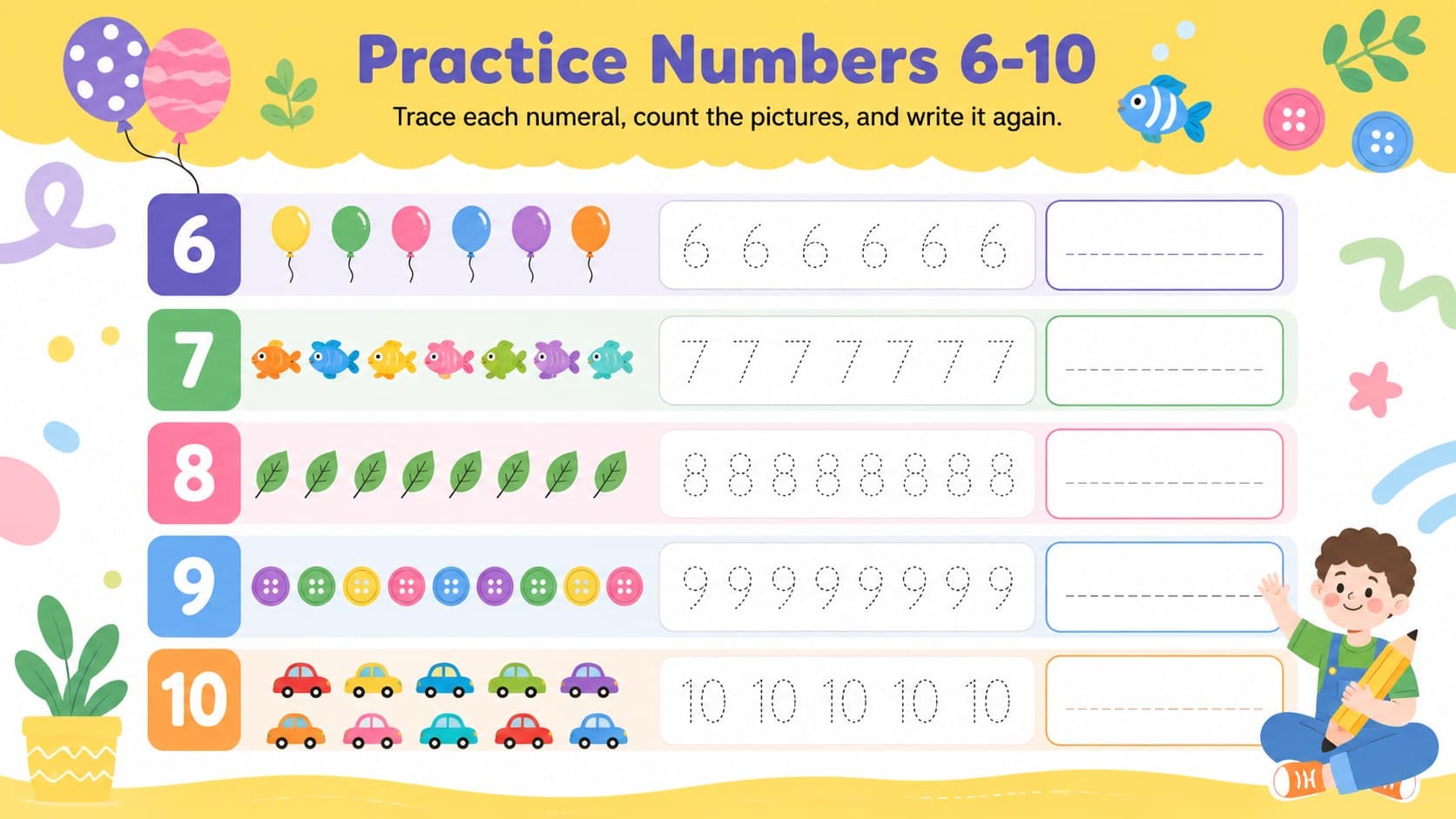 Yellow and white numeral writing activity with tracing rows and counting pictures for numbers six through ten.