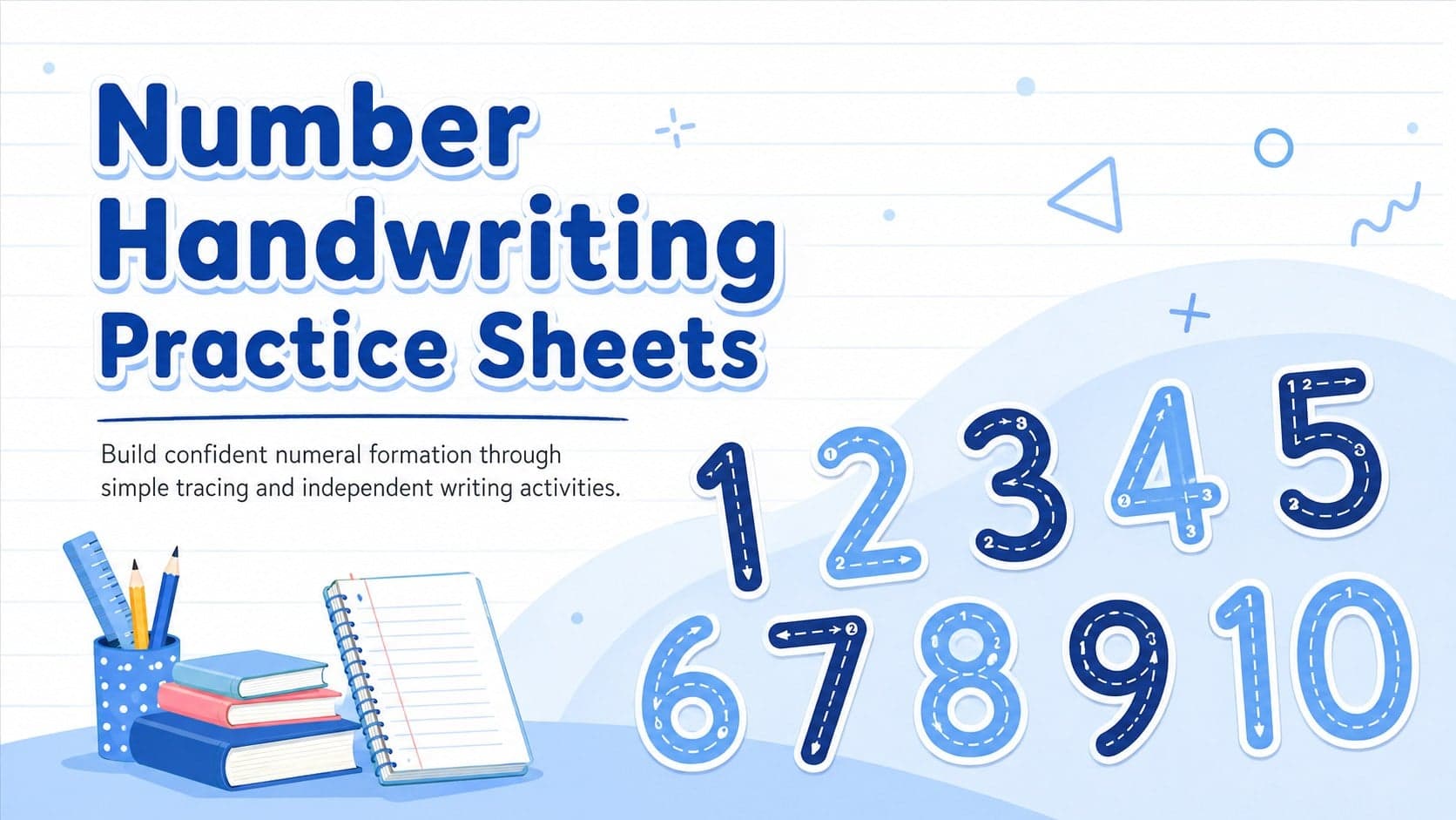 Blue cover for Number Handwriting Practice Sheets featuring bold numerals, writing lines, and simple classroom graphics.