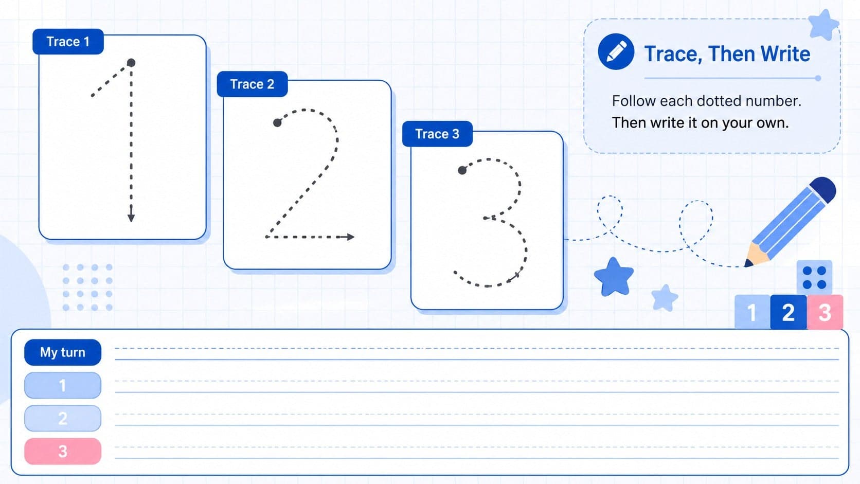 Blue printable number tracing worksheet with guided numeral strokes and independent handwriting rows.