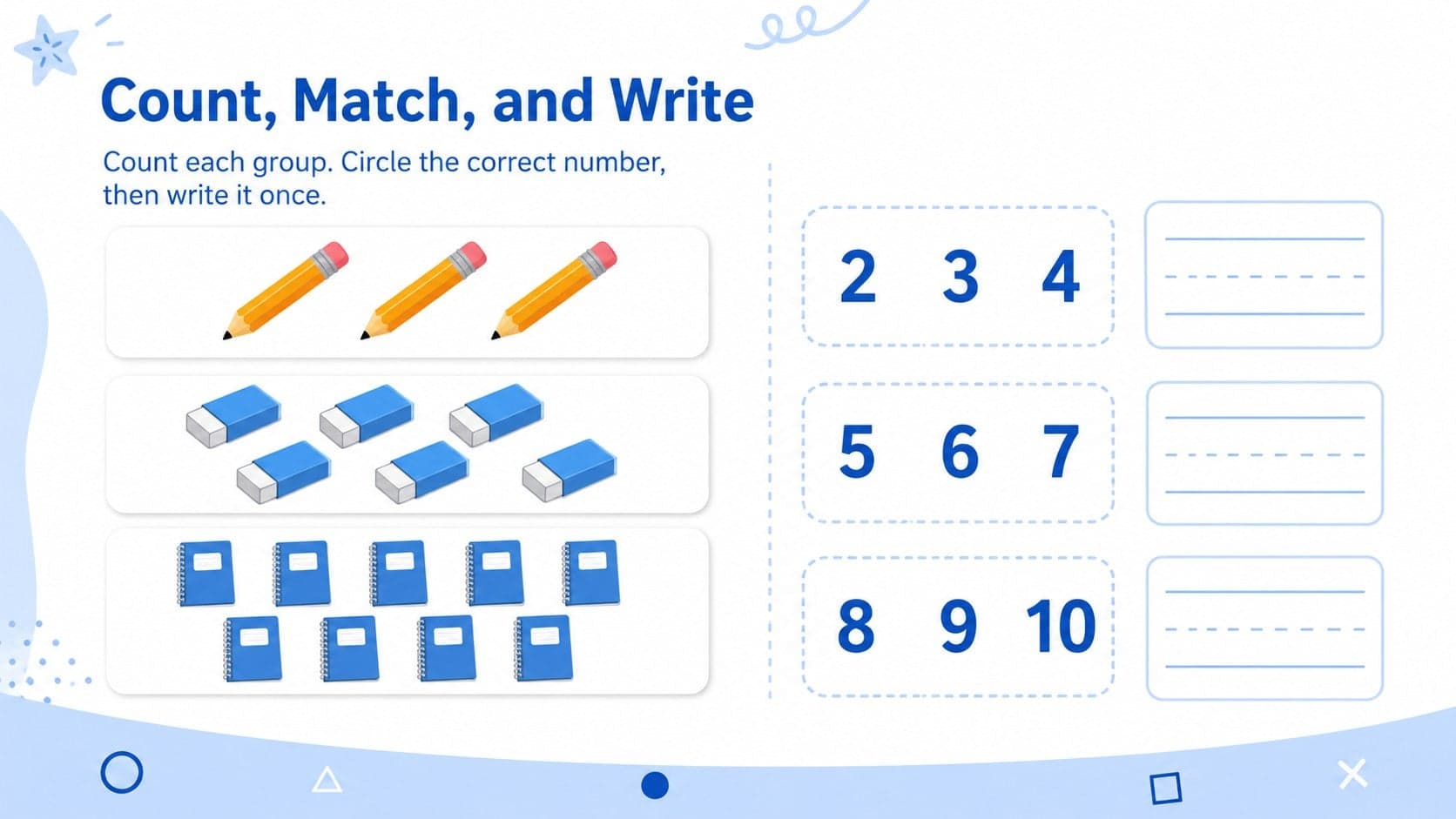 Number formation worksheet deck page with blue counting pictures, matching numerals, and handwriting spaces.