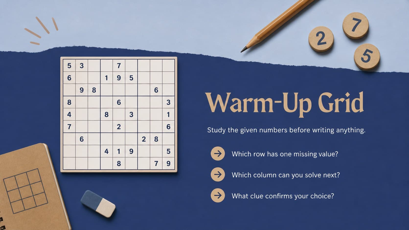 Warm-up number grid reasoning lesson with a compact puzzle and three clue prompts.