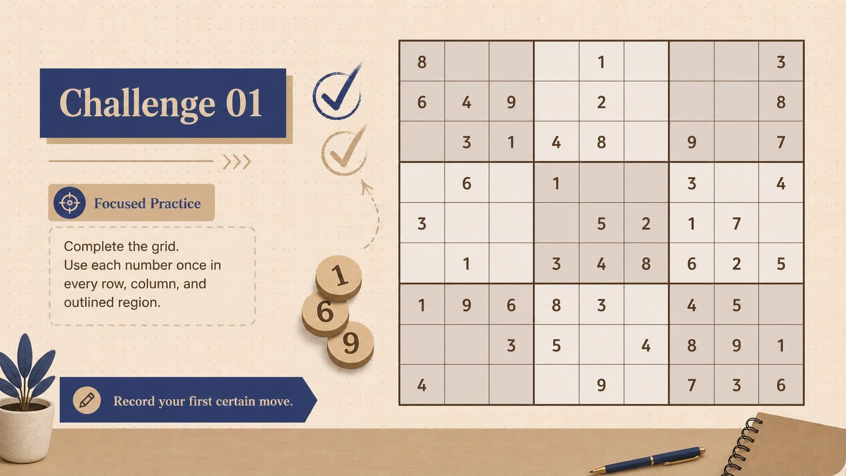 Classroom logic challenge slide featuring a large number placement puzzle grid and difficulty label.