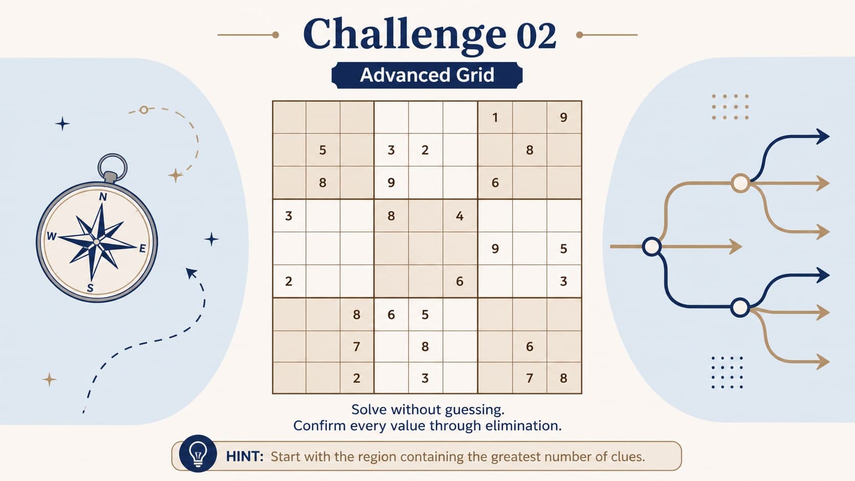 Advanced number placement challenge with a centered puzzle grid and optional hint panel.