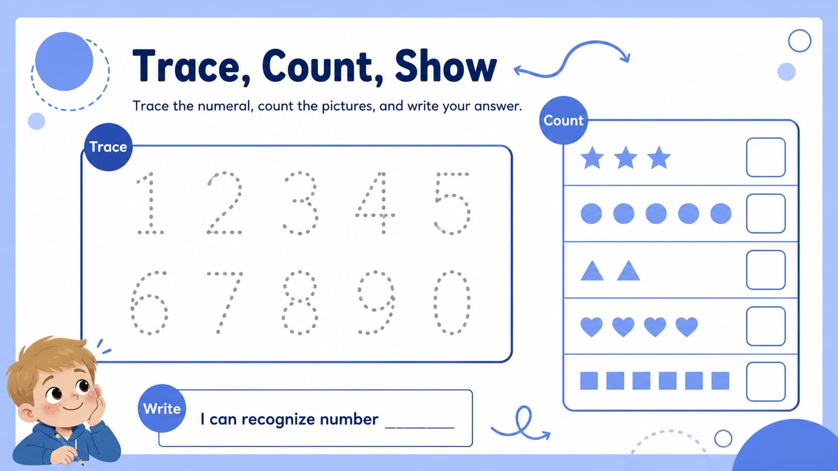 Printable number worksheet layout showing tracing lines, visual counting prompts, and an answer area for kindergarten practice.
