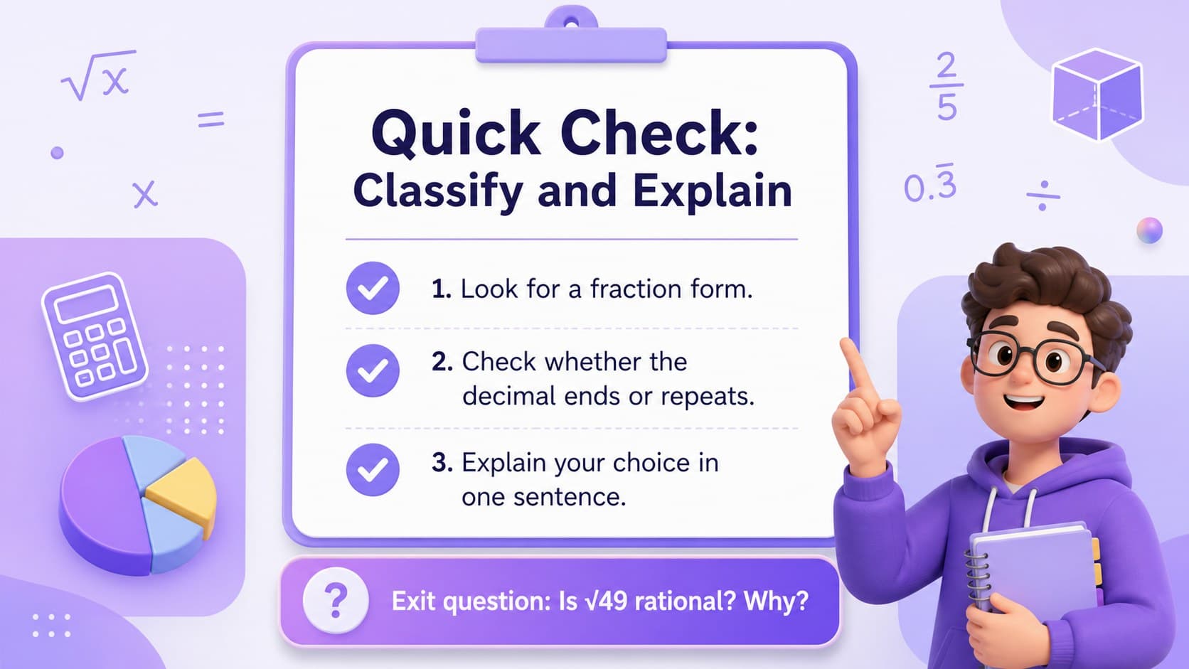 Math review slide summarizing number classification clues and a quick rational versus irrational number check.