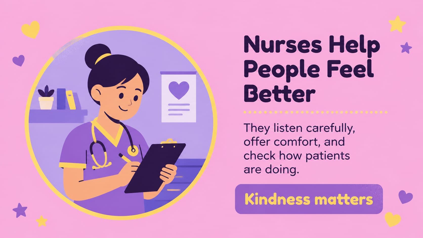 Illustrated lesson slide showing a nurse caring for a patient in a preschool healthcare lesson.