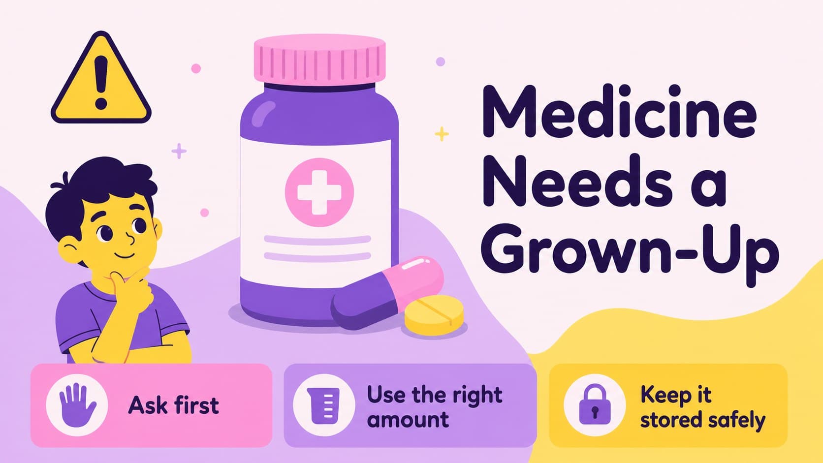 Child-friendly medicine safety slide for an early learning medical careers presentation.