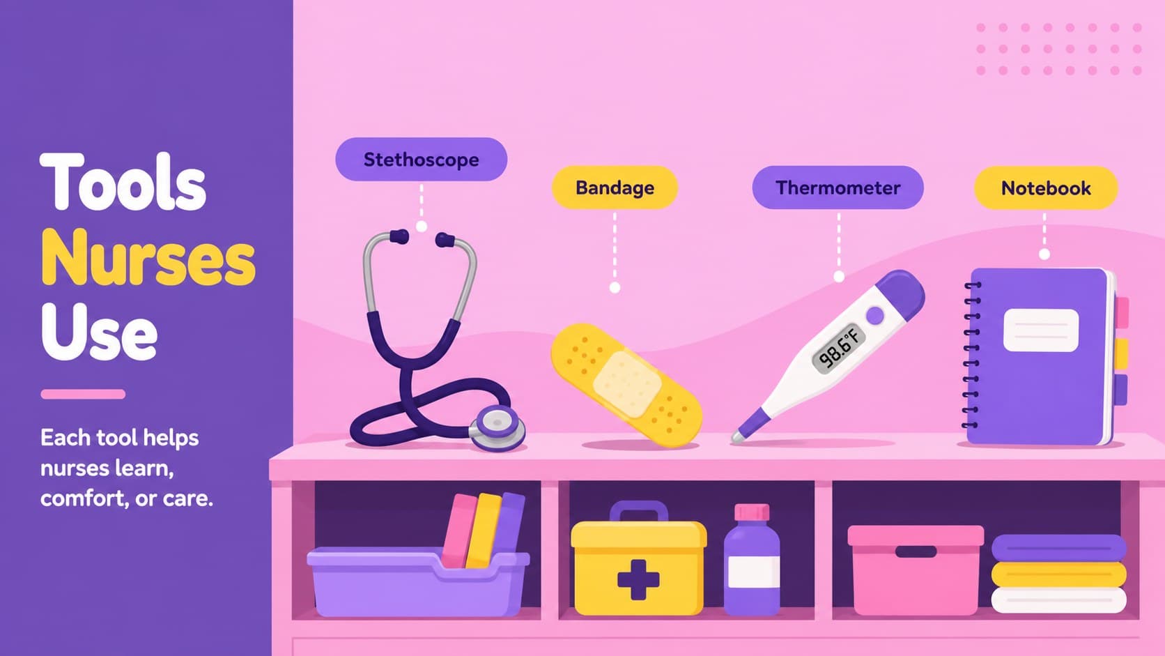 Nurse tools slide featuring original medical illustrations and labels for young learners.