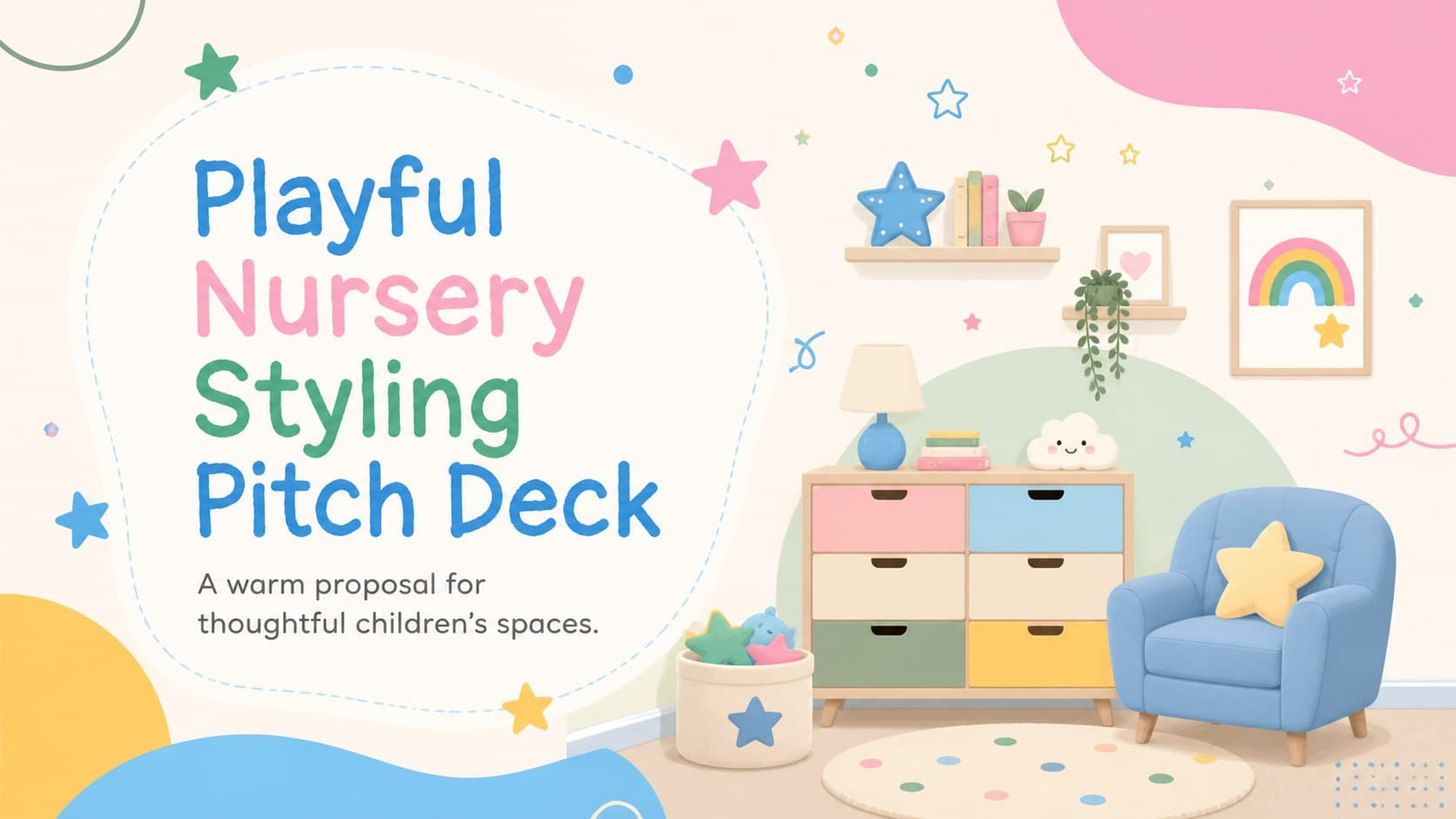 Cover slide for a nursery styling pitch deck with playful pastel room illustrations and a polished presentation title.