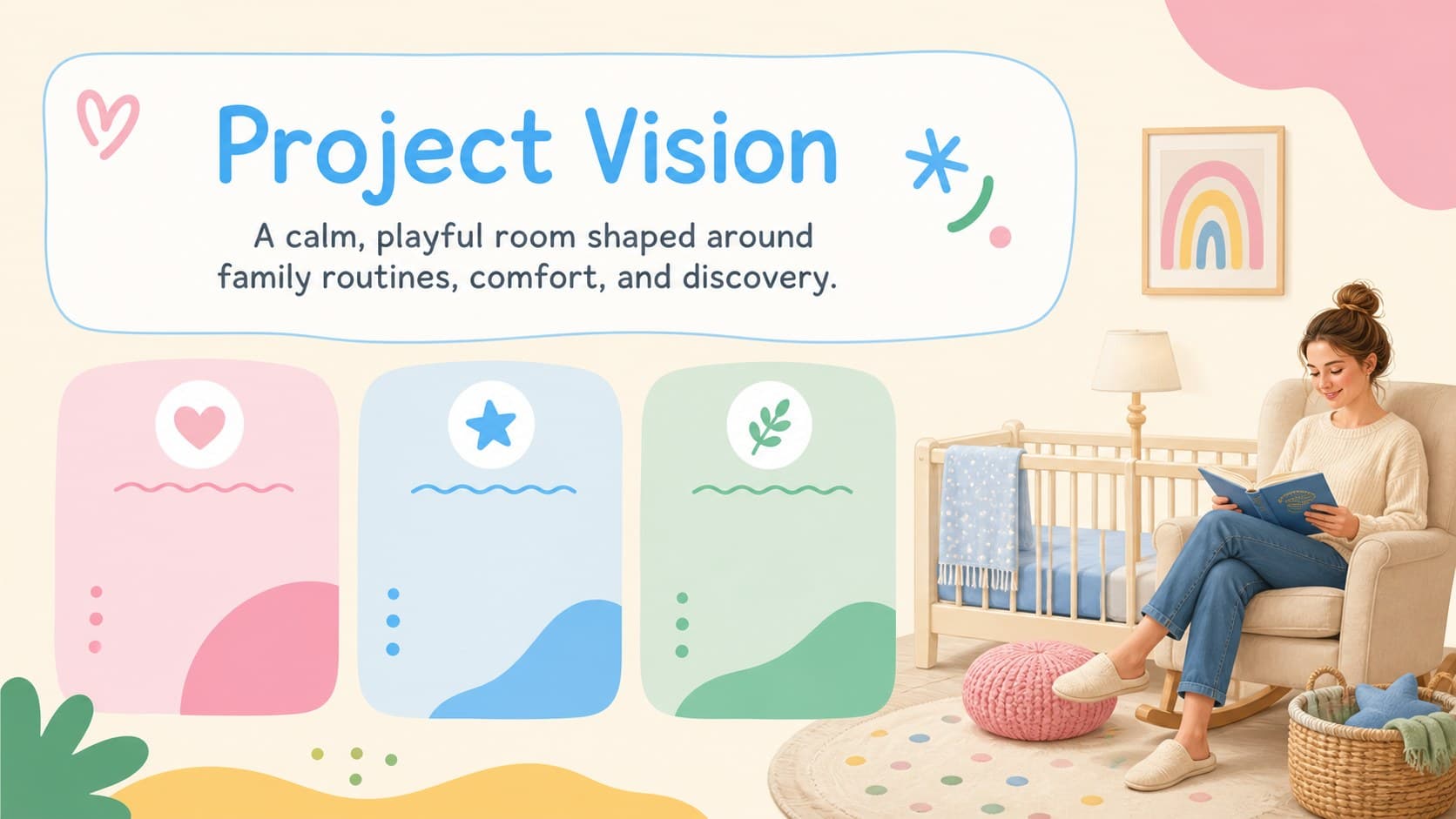 Nursery styling pitch deck overview slide showing the project vision, client goals, and design direction.