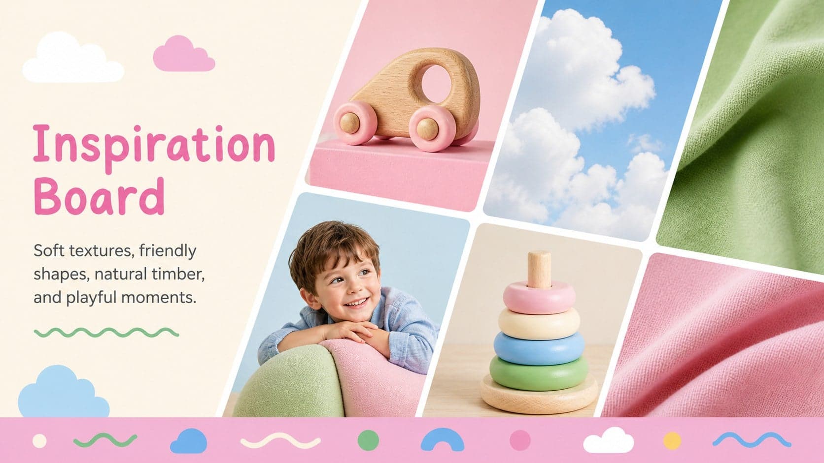 Nursery interior design presentation slide with an inspiration board of colors, textures, and room references.
