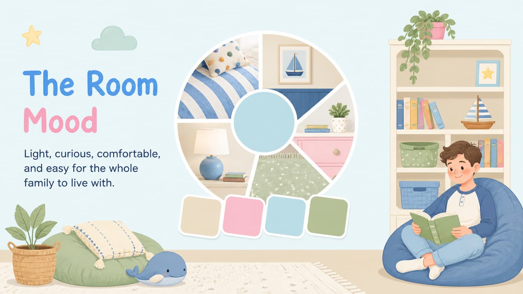 Playful nursery moodboard presentation slide showing a coordinated visual concept for a child’s room.