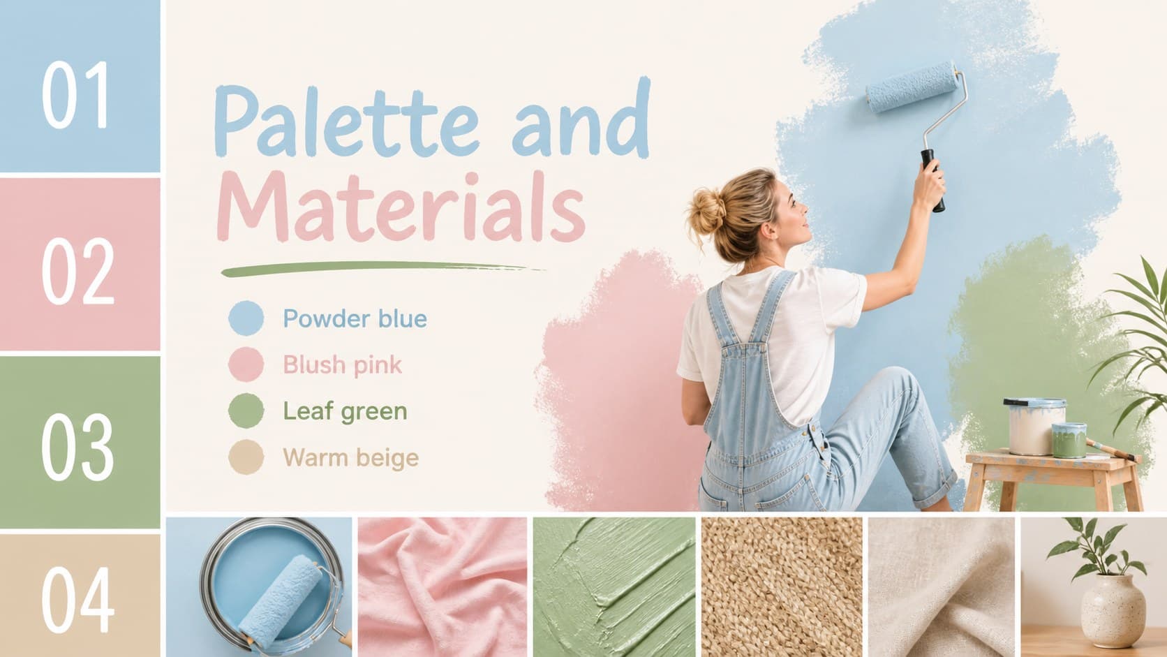Kids room decorating pitch deck slide defining the pastel color palette and material selections.