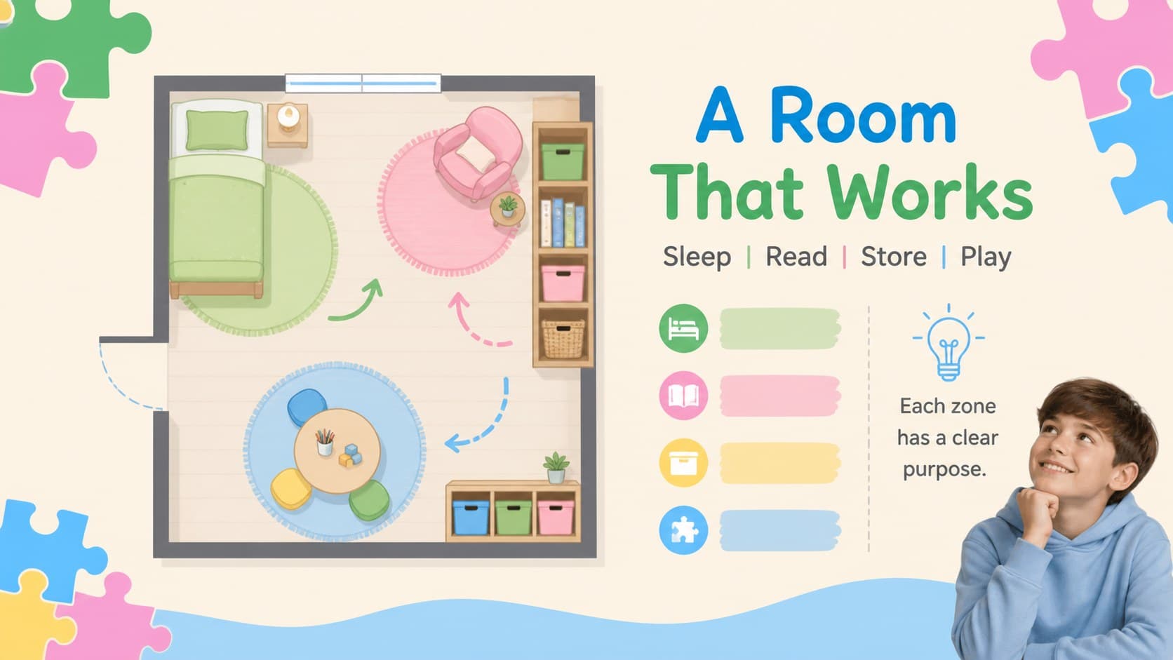 Room planning presentation slide mapping sleeping, reading, storage, and play zones in a nursery.