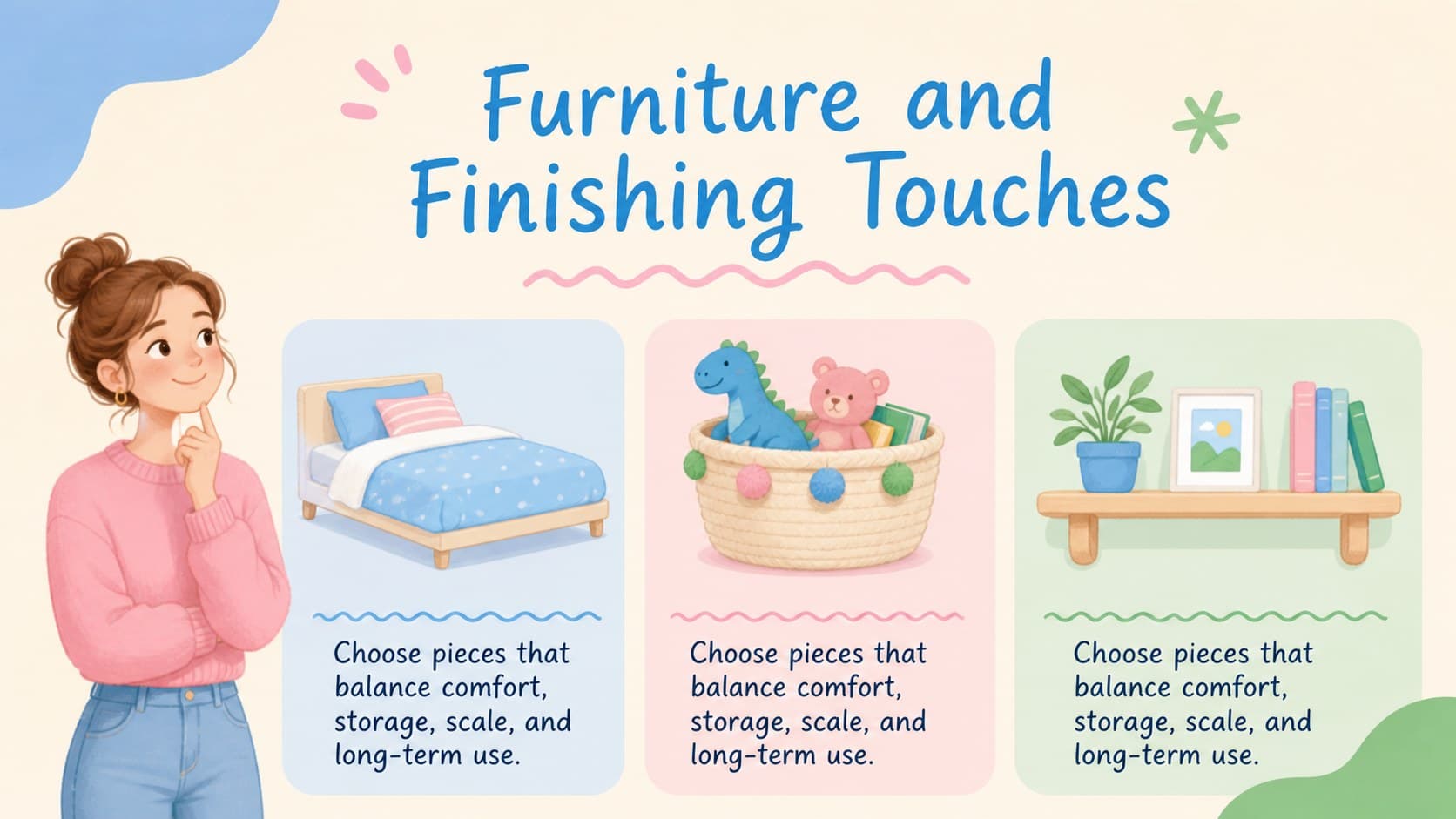 Nursery styling pitch deck slide displaying furniture and decor selections for the proposed room.