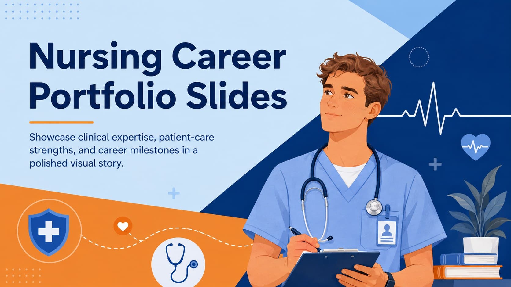 Cover for Nursing Career Portfolio Slides with blue and orange medical illustrations and a professional nurse profile theme.
