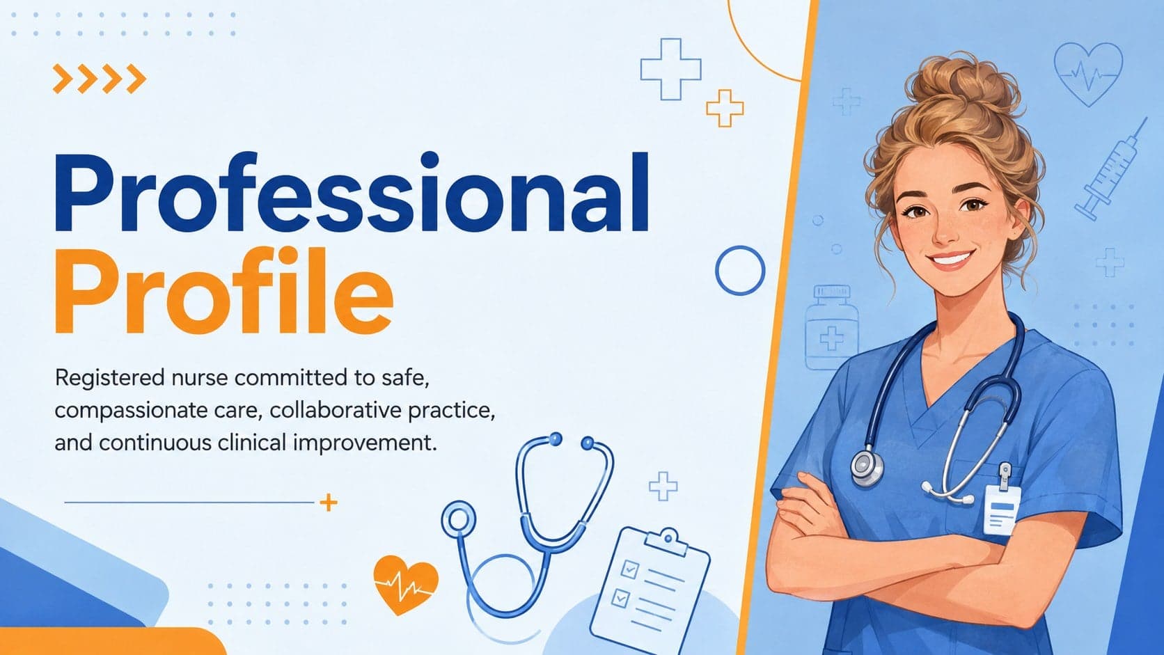 Professional nursing profile slide featuring a concise introduction, role summary, and original healthcare illustration.
