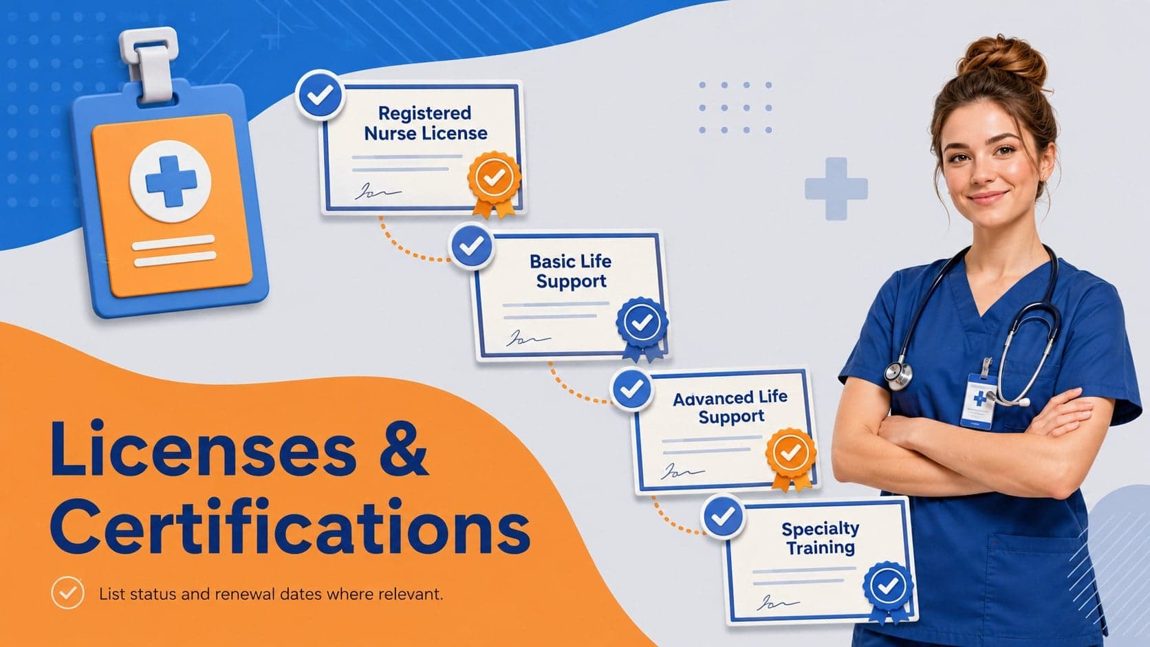 Nursing certifications presentation slide listing active credentials and specialty training.