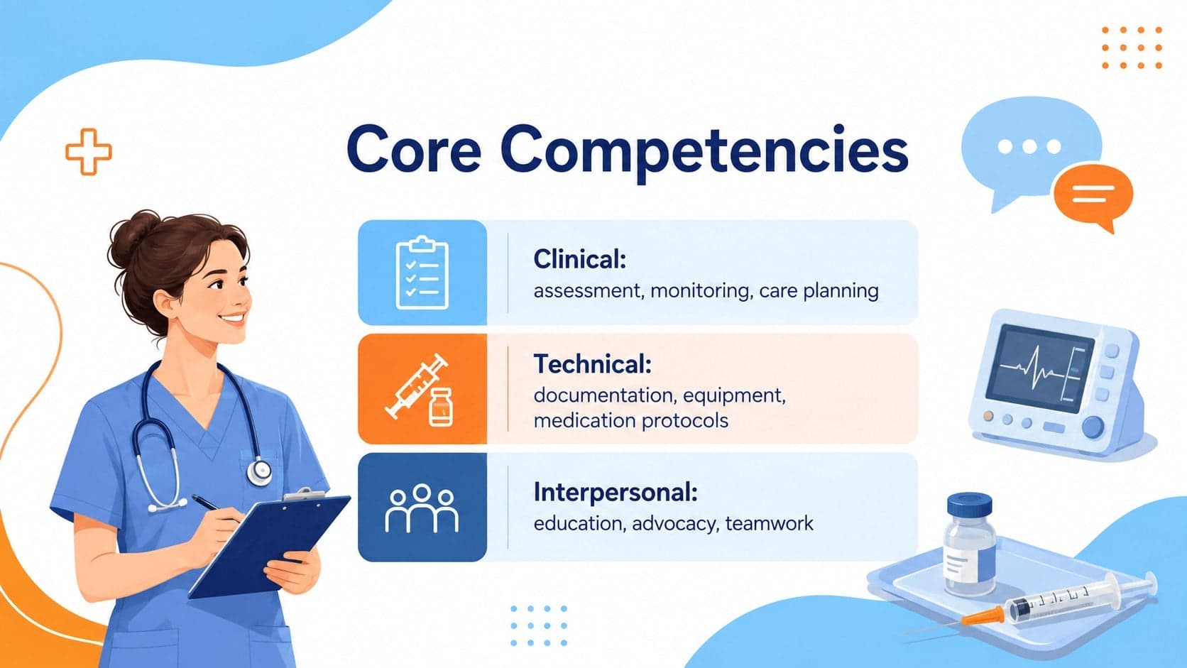 Nurse skills presentation for hiring with clinical, technical, and interpersonal competencies.