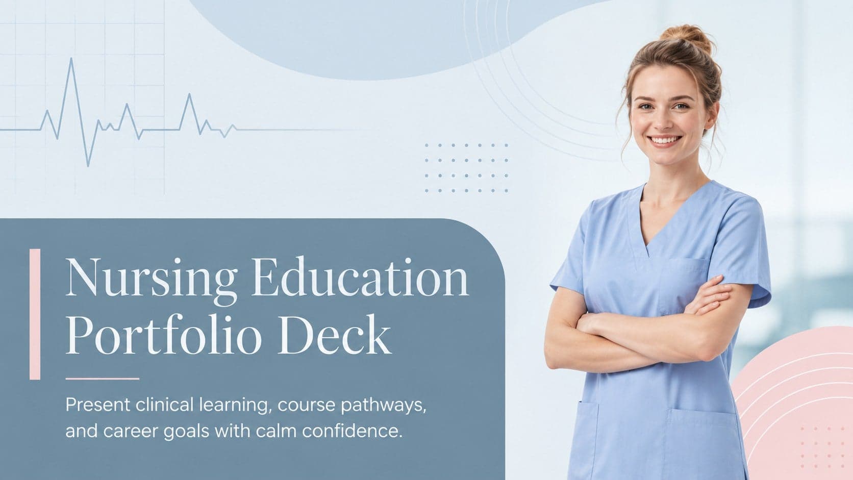 Cover of a nursing education portfolio deck with elegant blue and pink typography and clinical-themed accents.